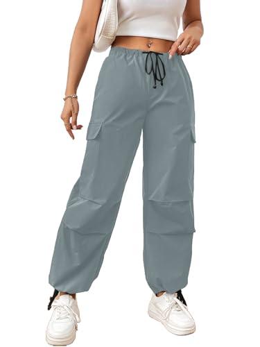 aahwan solid cadet grey wide leg baggy drawstring waist flap pocket side parachute cargo pants for women's & girls' (246_cg-28)