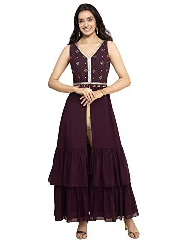 indya women's georgette regular high slit tunic (itn03509_purple_l)