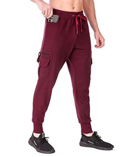 uzarus men's cotton slim fit cargo joggers track pants with 4 zippered pockets (x-large, wine, x_l)