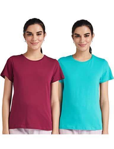 amazon brand - symbol women's regular fit t-shirt (symaw19rn14_sangria & turquoise 3xl)