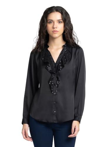 shaye black casual long sleeves v-neck solid satin top for women