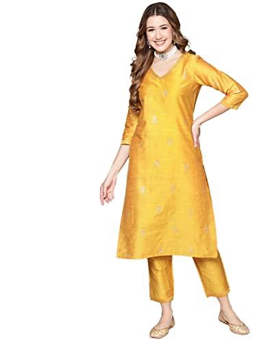 anubhutee women's cotton yellow ethnic motifs printed straight kurta suit set with pants