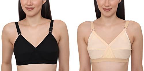 glamoras women cotton fabric full coverage non-padded non-wired adjustable straps everyday bra, color- black, beige, size 44, c cup, pack of 2 bra