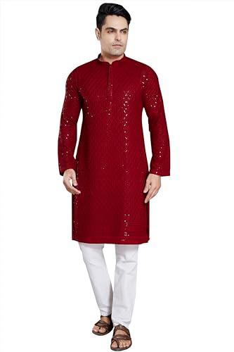 divisive men's sequince embroidered cotton blend slim fit kurta pyjama set (dkrt26_m_red)