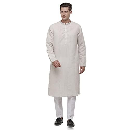 linen club men's pure linen natural/brown solid full sleeve kurta