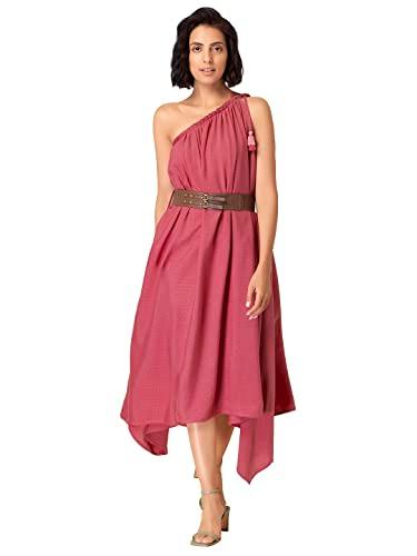 indya women's viscose dobby pink one shoulder dress with leather belt midi ethnic dresses (itn04096 l)