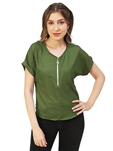 moomaya solid women’s front zip-up designer top, round neck casual smart top