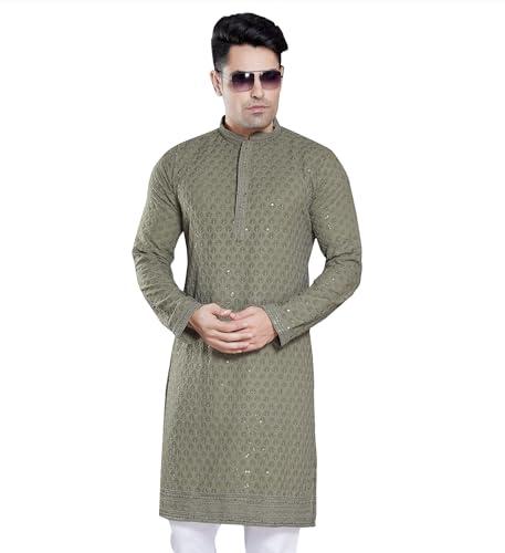 divisive men's sequince embroidered cotton blend only slim fit kurta (dkrt104_xxxl_olive green)