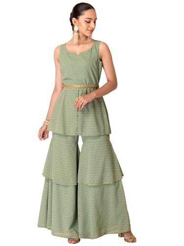 indya women's georgette regular hip length pastel green foil print sharara with short peplum kurta and belt (set of 3) (ico00905