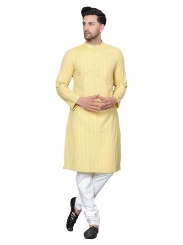 latest chikan men's cotton regular striped knee lenght kurta full sleeves - casual ethnic wear yellow