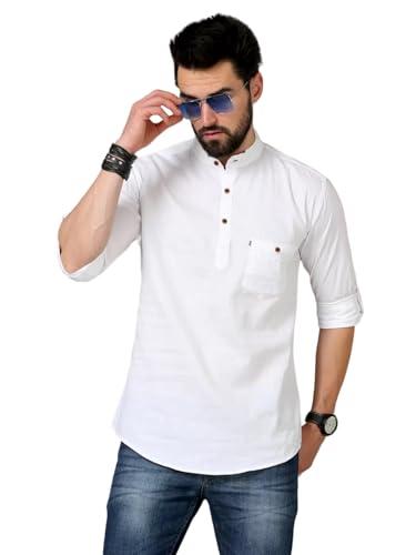 deemoon men's cotton blend full sleeve short kurta with mandarin collar white