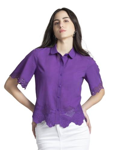 shaye purple casual short sleeves shirt collar embroidered top for women