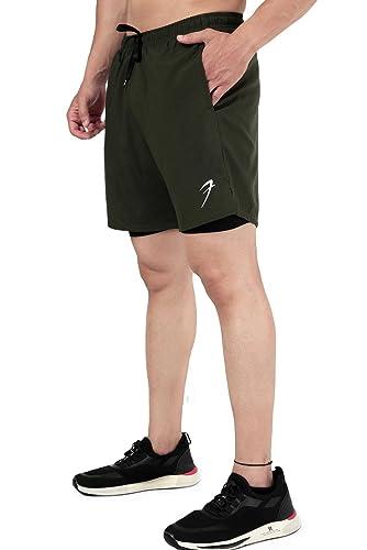 fuaark double layer 2 in 1 sports shorts with inner tights for men gym tight short with pocket (medium, olive)