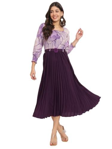 otabu women knee length a-line dress with pleats, has an square neck, printed top comes with a belt purple (medium)