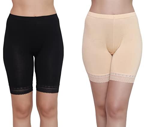 glamoras cotton spandex high waist under skirt shorts with lace for women & girls | under dress shorts stretchable skin fit shorties tights cycling shorts biker bicycle shorts size-l, black & beige