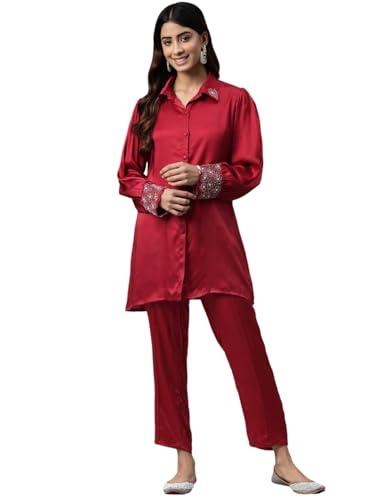 readiprint fashions shirt style silk fabric co-ord set (maroon_xxl)