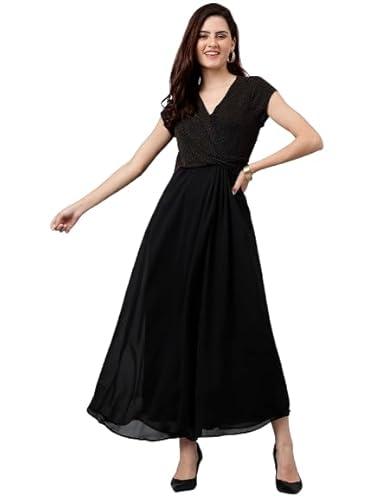 latin quarters women black short sleeves v-neck fit and flare solid dress for casual wear_l