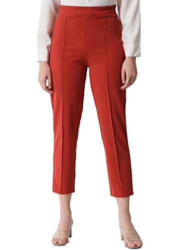 kotty women solid polyester blend red orange trousers (red orange,30)