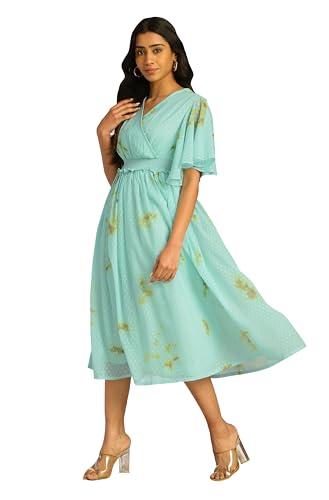 janasya women's sea green dobby georgette tie-dye fit & flare dress(jne4389-dr-l)