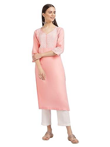 linen club woman pure linen peach embroidered kurta for women (size:xl)-lwkieb0080184