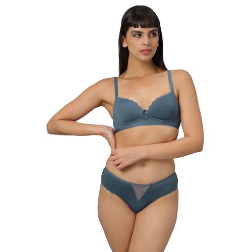 soie women's lacey non-wired medium coverage bra with mid rise full coverage brief (set fb-560/1560 stone 38d/xl-a) grey