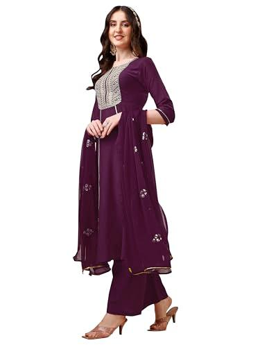 ethnicjunction cotton women's embroidered thread work chinon a-line kurta pant with sequence dupatta set(skd9-kainchan-wine_s)