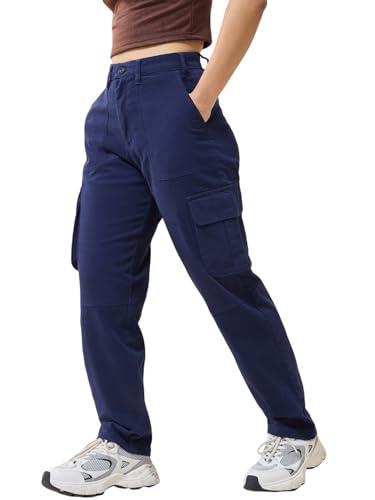 bewakoof women's solid regular fit cotton blend cargo pants_ 620014 blue_ 32