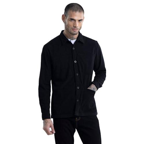 snitch black slim-fit solid polyester shacket