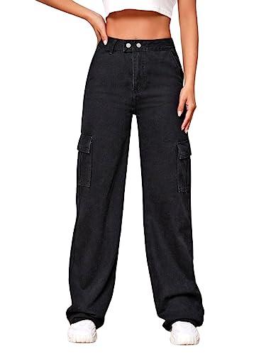 greciilooks womens cargo denim regular fit jeans (black, 26)