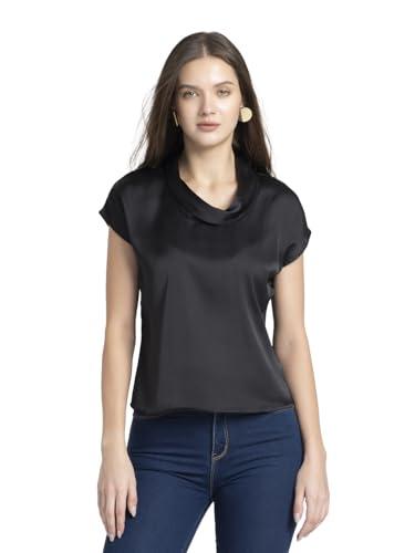 shaye black casual sleeveless cowl neck solid satin top for women