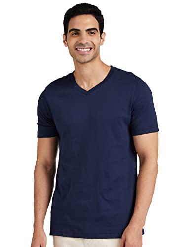 amazon brand - symbol men's cotton solid v-neck regular fit t-shirt (available in plus size) iris navy l