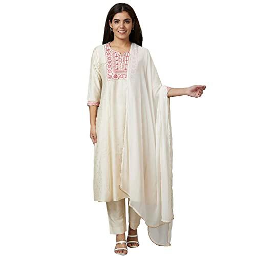 globus women off white embroidered a-line kurta set with trouser and dupatta-3633561003