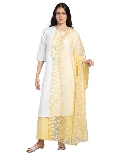 shaye off white & yellow ethnic round neck embroidered kurta and pant set with dupatta for women