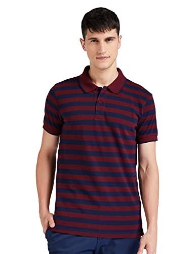 amazon brand - symbol men's cotton rich striped polo t shirt | collar tshirts | half sleeves - regular fit (pomegrante and peacot blue_l)