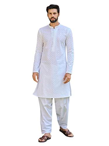 see designs men mandarin collar white chikankari embroidered straight full sleeve kurta with white salwar - sd2mkt_109503l