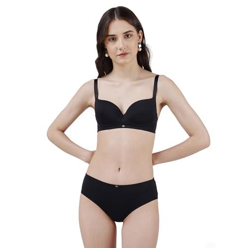 soie women semi/medium coverage padded non-wired t-shirt bra with high rise brief lingerie set black