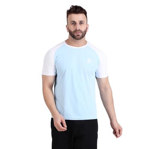 well quality sap knit polyester round neck half sleeve color-block t-shirt for men's (sky)