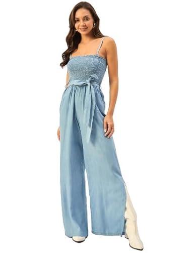 drape and dazzle women's & girls smocked camisole tencel jumpsuit with side slits regular fit western jumpsuits. light blue