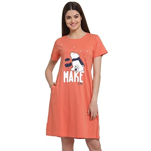 sweet dreams women coral graphic round neck half sleeve cotton short nighty-coral-m