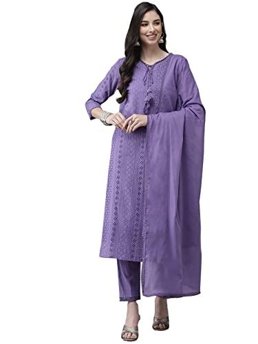 ishin women's pure cotton embroidered a-line kurta suit set with dupatta & pants kpldmvel-19061_l_purple