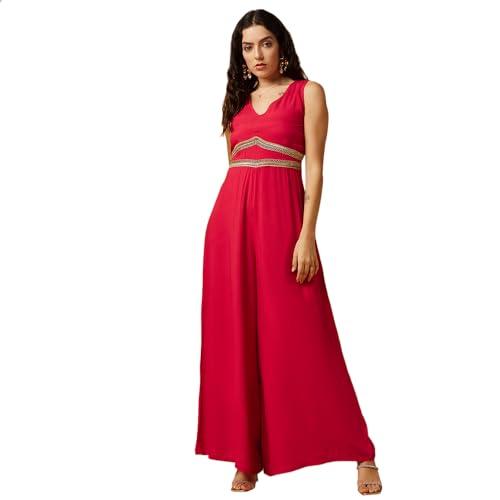 drape and dazzle women red v' neck solid flare jumpsuit with embellishment jumpsuit for women | dd-100-red-xl