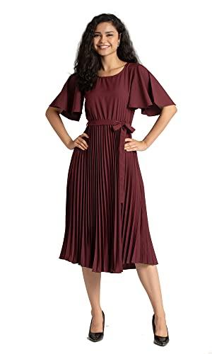 aask women's elegant belted pleated flounce sleeve long dress maroon color