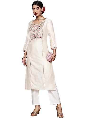 ishin women's silk blend embroidered cream straight kurta suit set with pants