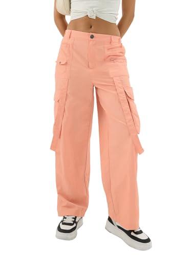 the souled store coral women and girls buttoned solid nylon loose fit parachute pants