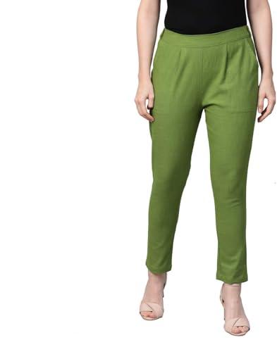 yash gallery women's solid cotton slub ankle length regular fit trouser pant (green, large)