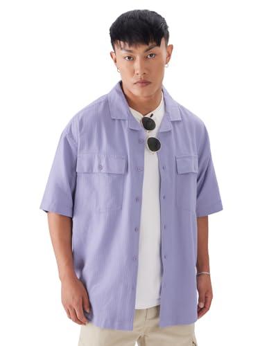 the souled store solids: lavender purple men and boys short sleeve collared neck button front cotton oversized shirts