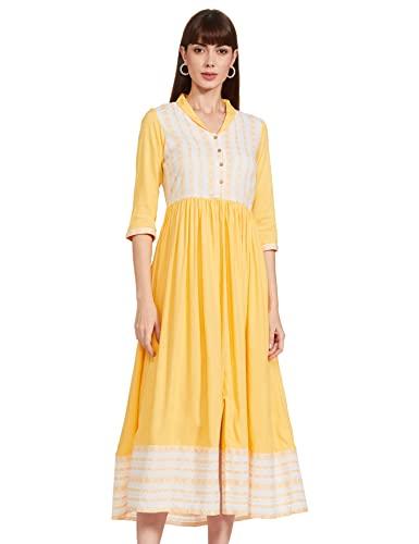 aurelia women's cotton yellow shawl collar flared kurta below the knee dress (20aua11531-701456 l)