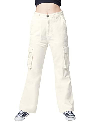 the souled store solids: white women and girls loose fit cotton and polyester white color women cargo pants