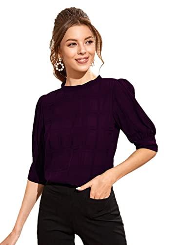 lymio women's regular purple color round neck 3/4th sleeve chiffon solid top (d-526-purple-l)