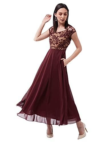 miss chase women's wine & beige floral v - neck cap short sleeves lace overlaid fit & flare paneled maxi dress (mcss21d06-11-603-06,wine & beige,xl)